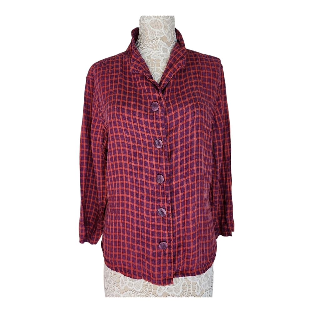Flax Linen Checkered Button Down Top In Purple An… - image 1